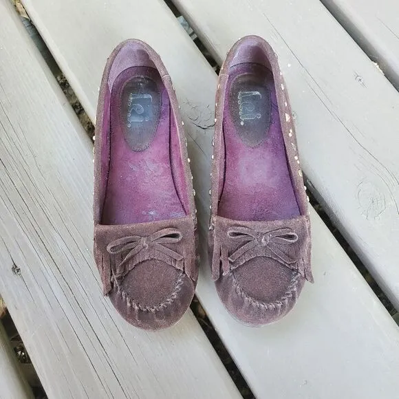 Vintage 90s y2k LEI L.E.I Brown Suede Leather Fringe Studded Moccasin Loafers 8