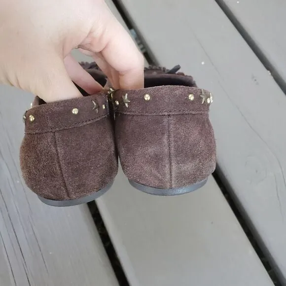 Vintage 90s y2k LEI L.E.I Brown Suede Leather Fringe Studded Moccasin Loafers 8