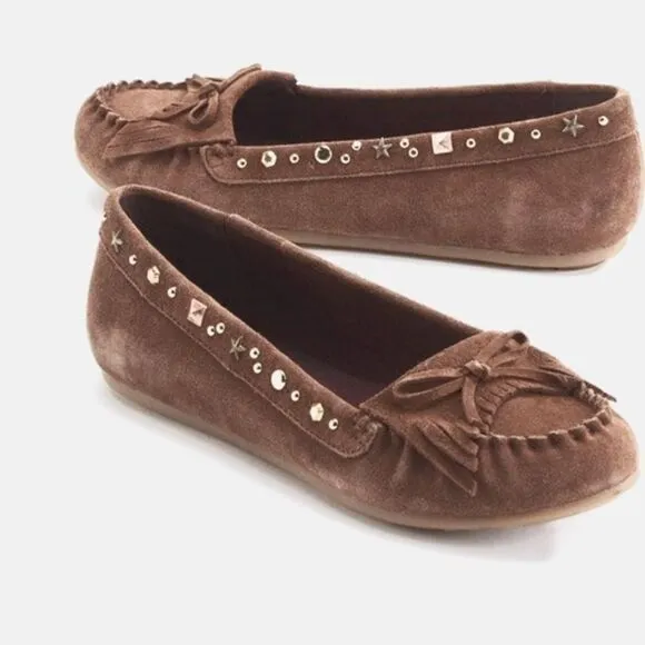Vintage 90s y2k LEI L.E.I Brown Suede Leather Fringe Studded Moccasin Loafers 8