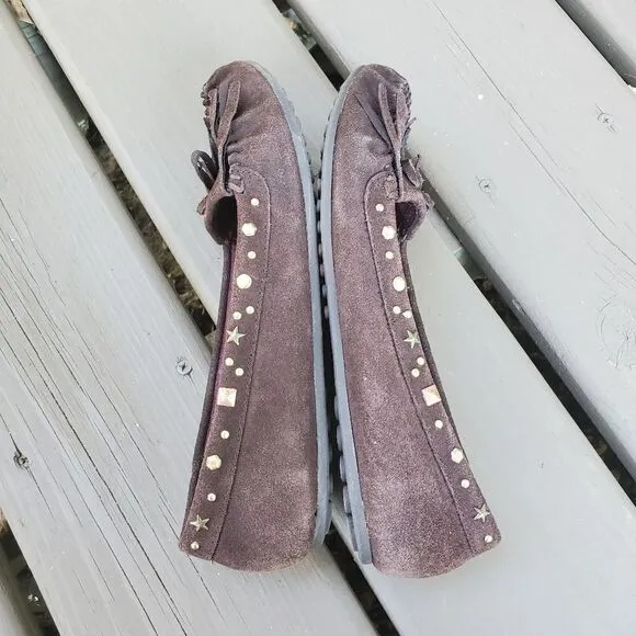 Vintage 90s y2k LEI L.E.I Brown Suede Leather Fringe Studded Moccasin Loafers 8
