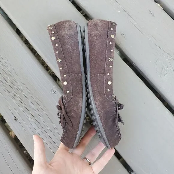 Vintage 90s y2k LEI L.E.I Brown Suede Leather Fringe Studded Moccasin Loafers 8