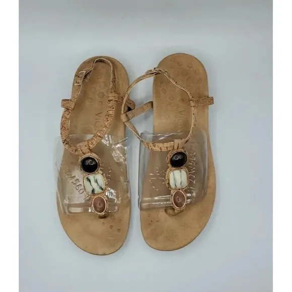 VIONIC Gwinn Tan Leather T-Strap Emblished Stone Gems Thong Sandals - Tan Size 8