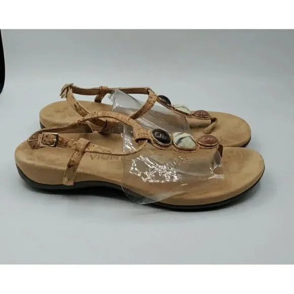 VIONIC Gwinn Tan Leather T-Strap Emblished Stone Gems Thong Sandals - Tan Size 8