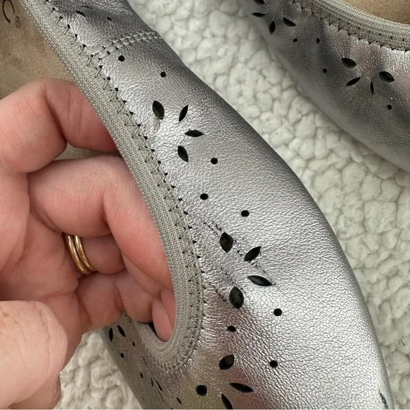 Vionic Leather Metallic Silver Perforated Geneva Ballet Flats