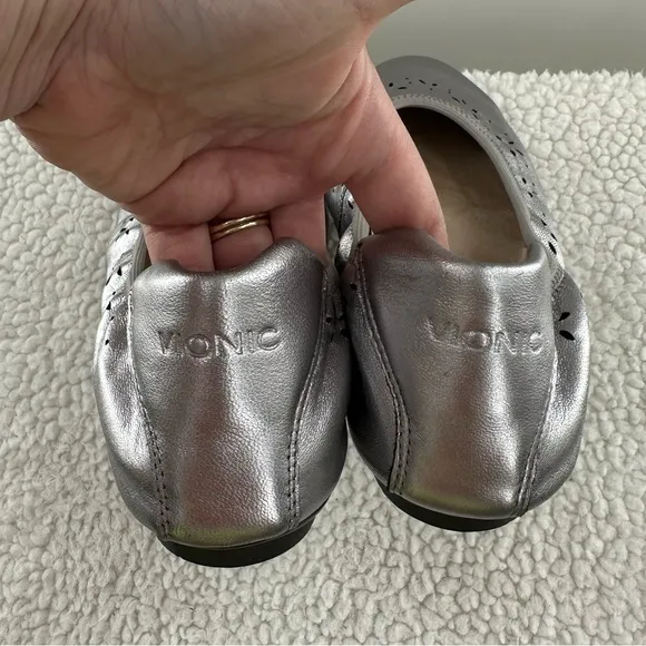 Vionic Leather Metallic Silver Perforated Geneva Ballet Flats