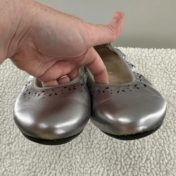 Vionic Leather Metallic Silver Perforated Geneva Ballet Flats