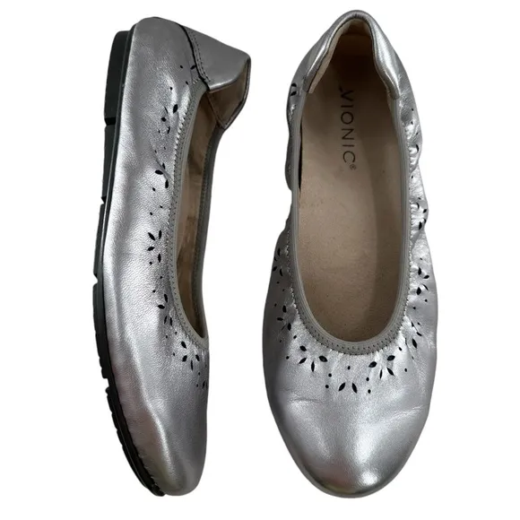 Vionic Leather Metallic Silver Perforated Geneva Ballet Flats
