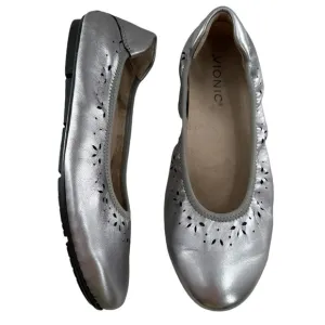 Vionic Leather Metallic Silver Perforated Geneva Ballet Flats