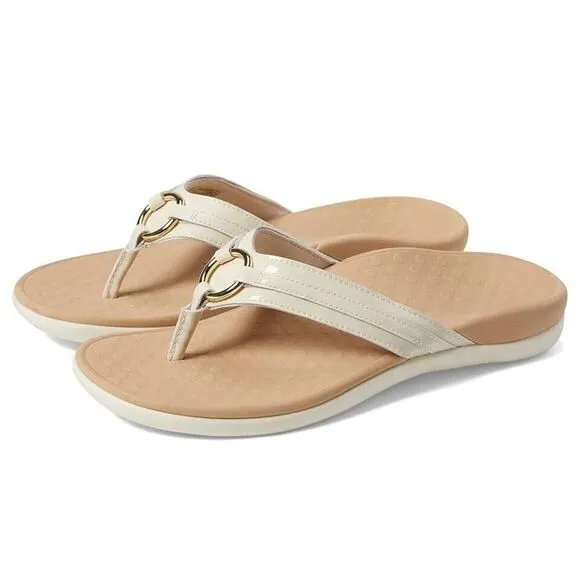 Vionic Aloe Flip Flop Women's Size 7 Cream Leather Thong Orthotic Sandals FZP035