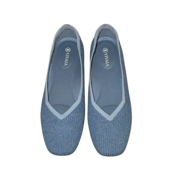 VIVAIA Margot 2.0 Denim Blue Square-Toe V-Cut‎ Flats Size 39/8