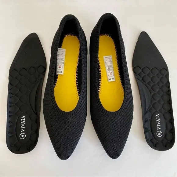 Vivaia Pointed Toe Ballet Flats Black Knit Washable Size EU 39 / US 8