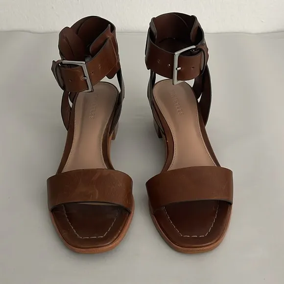 Whistles London Brown Leather Block Heels Ankle Strap Sandals Size 38 US 8