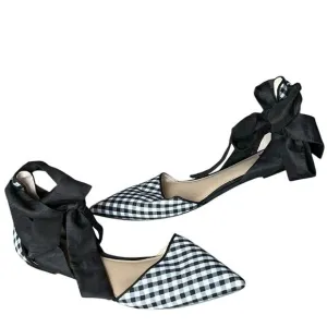 White House Black Market Flat 7.5 Black Eliza Gingham Ankle Ribbon D'Orsay Shoes