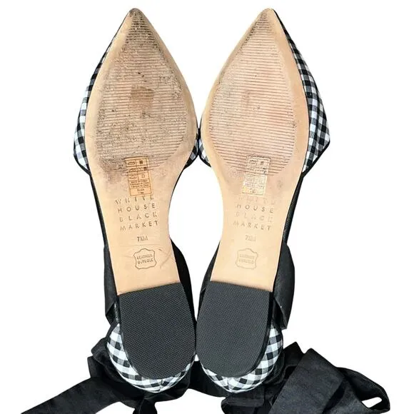 White House Black Market Flat 7.5 Black Eliza Gingham Ankle Ribbon D'Orsay Shoes