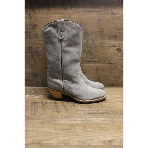 Wolverine women's vintage pale gray suede mid calf stacked heel Western boots