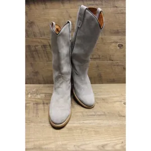 Wolverine women's vintage pale gray suede mid calf stacked heel Western boots