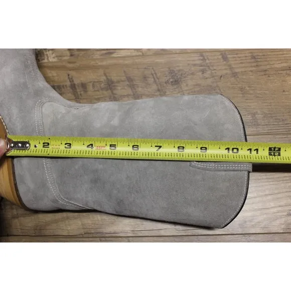 Wolverine women's vintage pale gray suede mid calf stacked heel Western boots