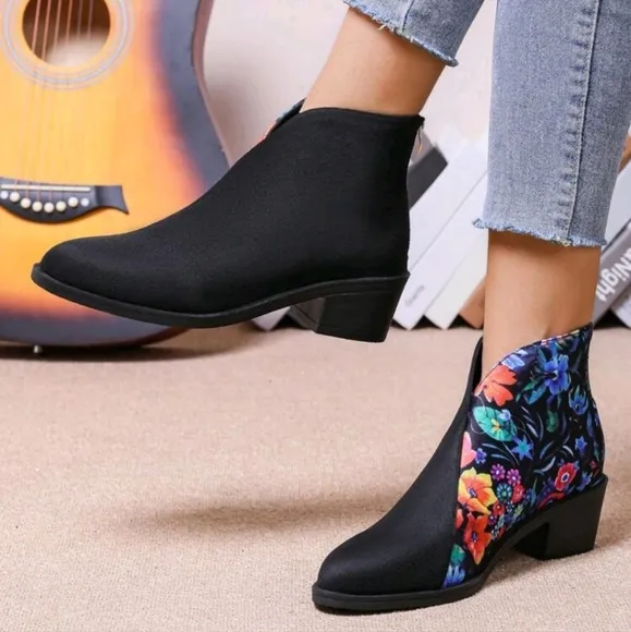 Women Ankle Booties,Back Zipper, Fashion Versatile,5cm Heel,Retro Floral Print