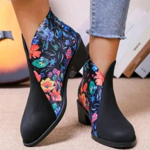 Women Ankle Booties,Back Zipper, Fashion Versatile,5cm Heel,Retro Floral Print