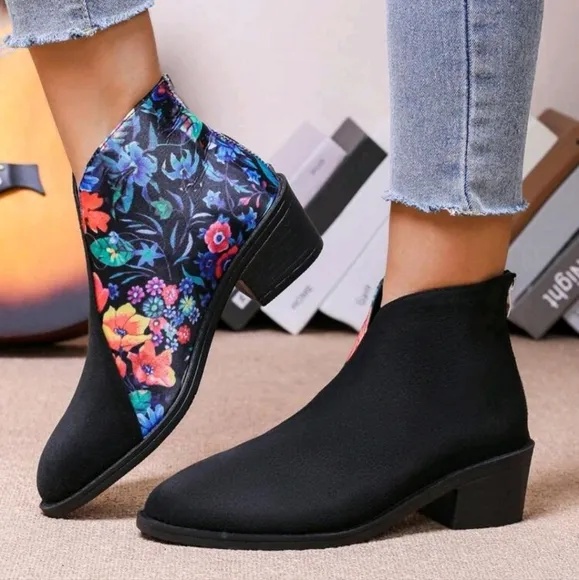 Women Ankle Booties,Back Zipper, Fashion Versatile,5cm Heel,Retro Floral Print