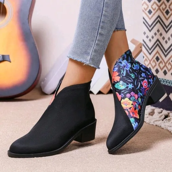 Women Ankle Booties,Back Zipper, Fashion Versatile,5cm Heel,Retro Floral Print