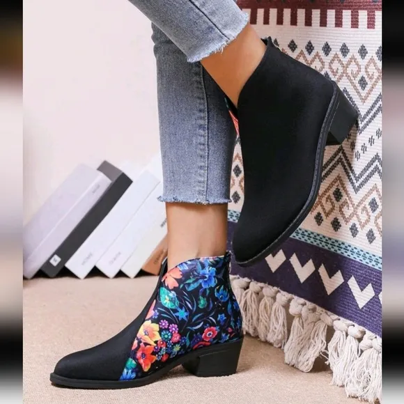 Women Ankle Booties,Back Zipper, Fashion Versatile,5cm Heel,Retro Floral Print