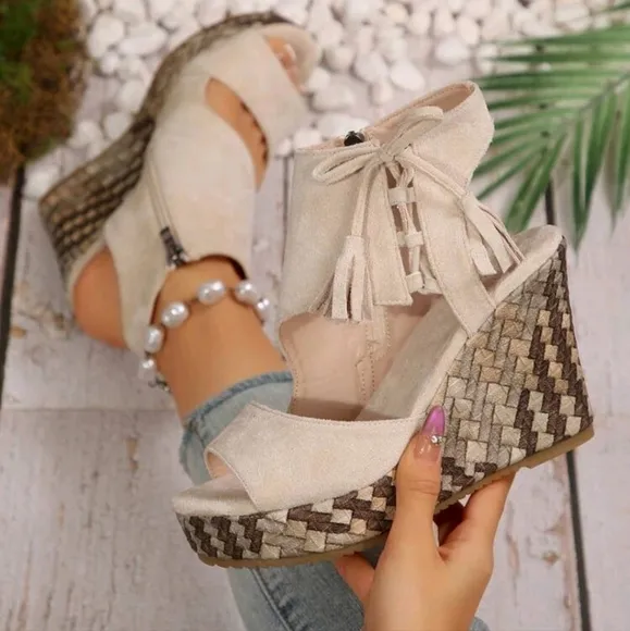 Women Platform Wedge High Heel Peep Toe Summer Sandals With Side Zipper, Casual