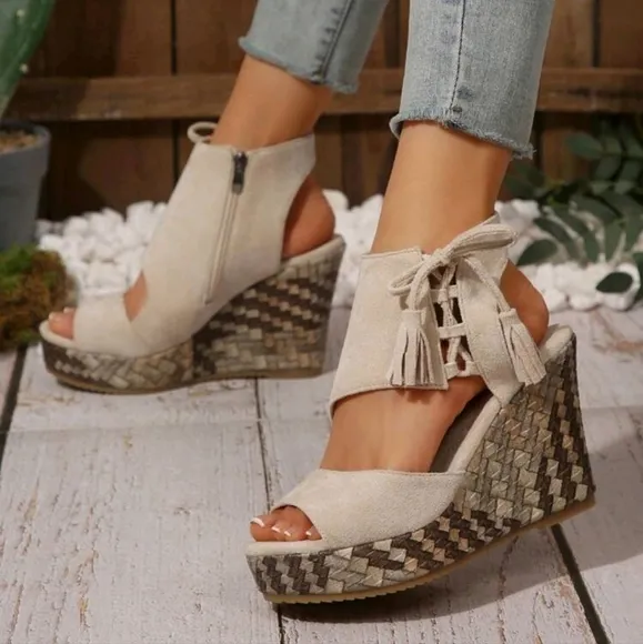 Women Platform Wedge High Heel Peep Toe Summer Sandals With Side Zipper, Casual