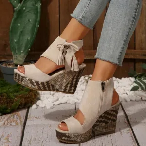 Women Platform Wedge High Heel Peep Toe Summer Sandals With Side Zipper, Casual
