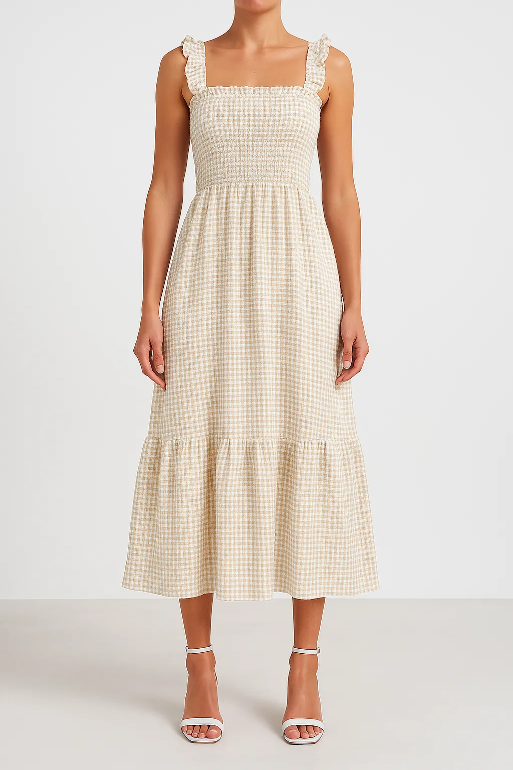 Women’s A-Line Dress – Smocked Bodice – Spaghetti Straps – Tiered Maxi – Checkered