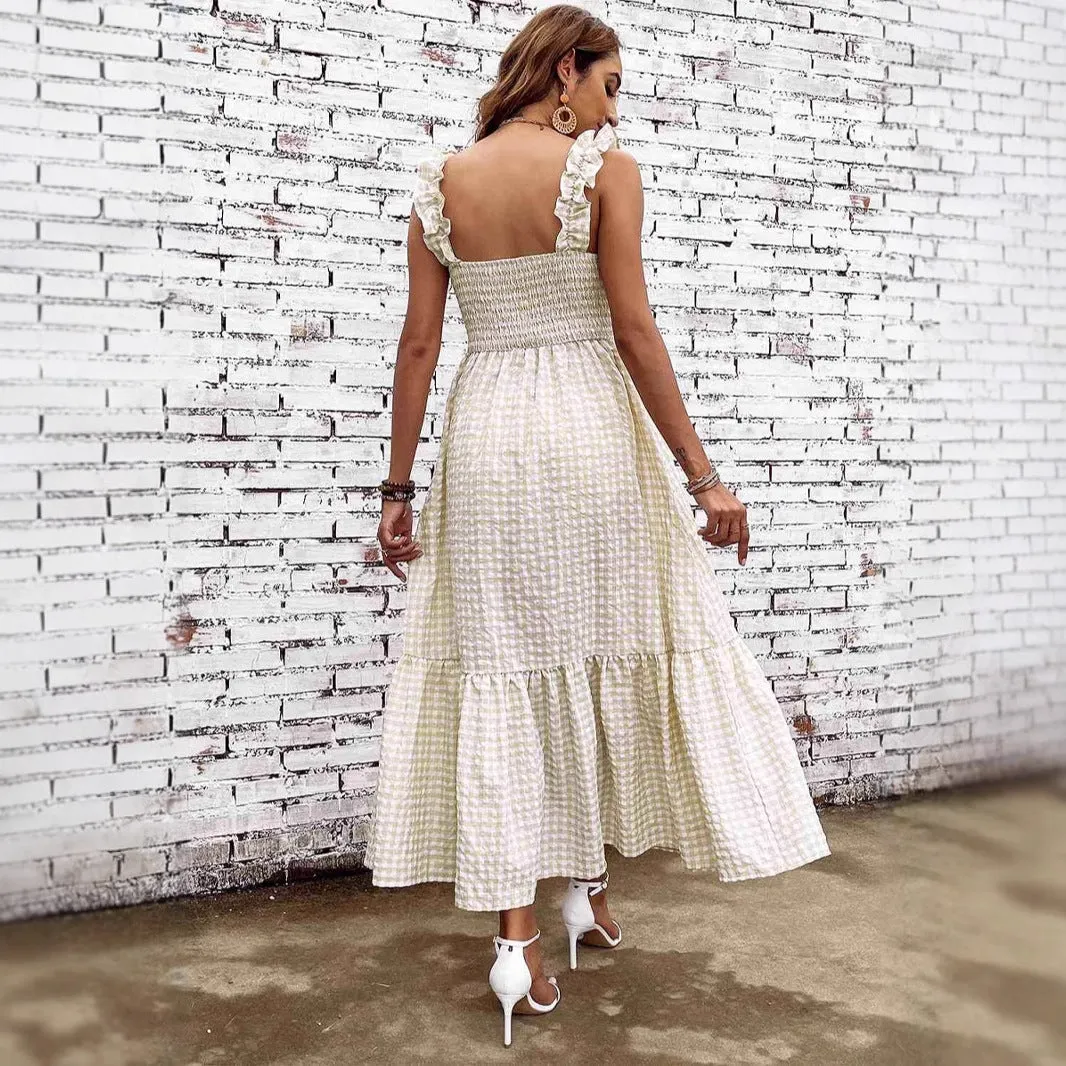Women’s A-Line Dress – Smocked Bodice – Spaghetti Straps – Tiered Maxi – Checkered