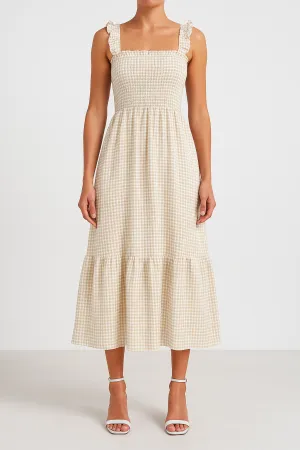 Women’s A-Line Dress – Smocked Bodice – Spaghetti Straps – Tiered Maxi – Checkered