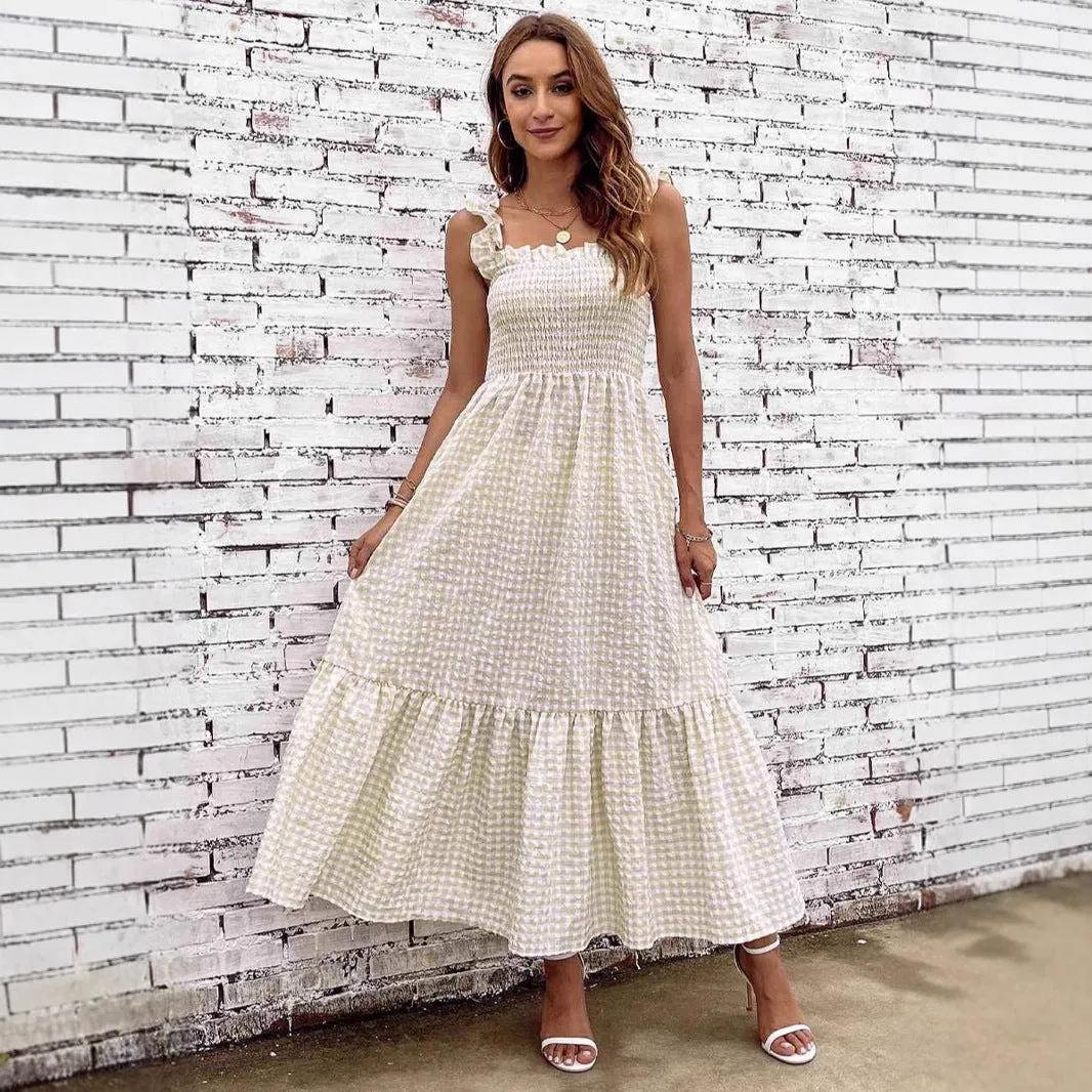 Women’s A-Line Dress – Smocked Bodice – Spaghetti Straps – Tiered Maxi – Checkered