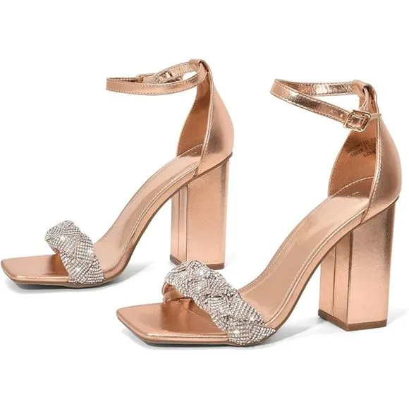 Women's  Heels for Women Braided Open Toe Ankle Strap Gold High Block Chunky