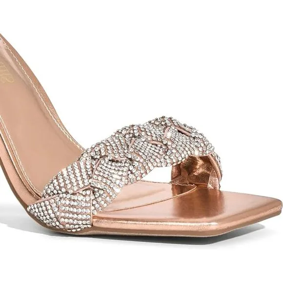 Women's  Heels for Women Braided Open Toe Ankle Strap Gold High Block Chunky