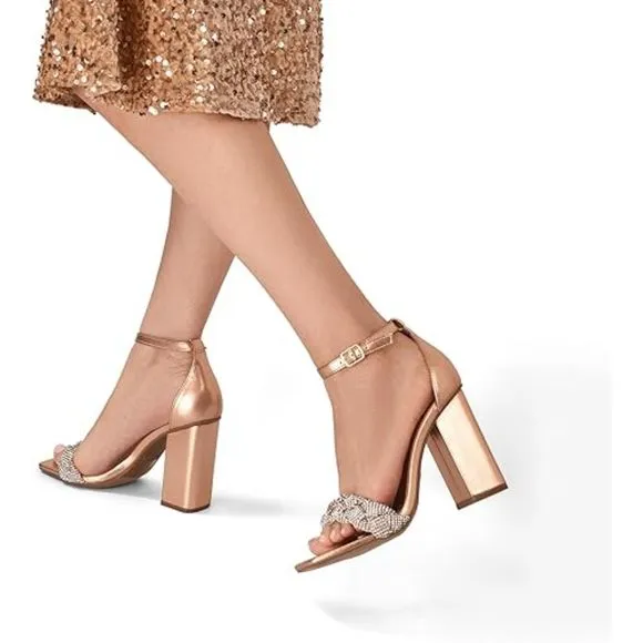 Women's  Heels for Women Braided Open Toe Ankle Strap Gold High Block Chunky