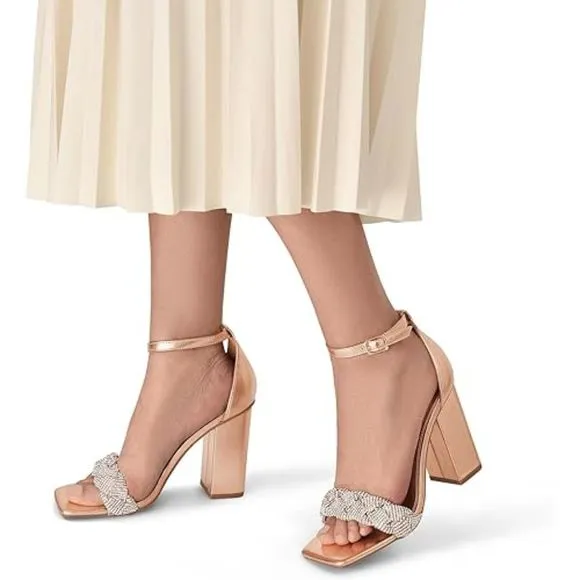 Women's  Heels for Women Braided Open Toe Ankle Strap Gold High Block Chunky