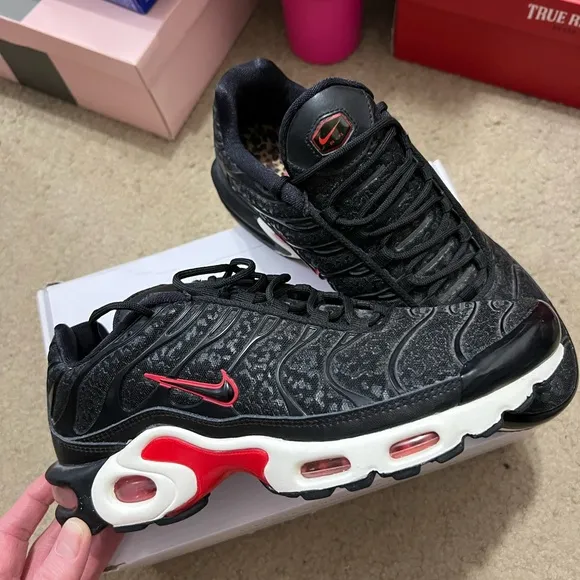 Women’s Nike Air Max Plus Premium Black Red Leopard Sneakers (No Box)