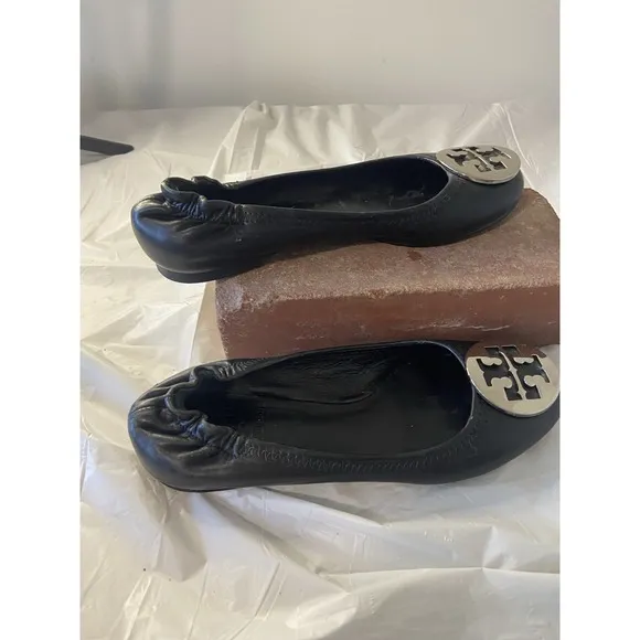 Women's Tory Burch Reva Upper Black Leather Minnie Travel Ballet Flats Size-5