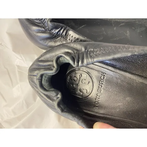 Women's Tory Burch Reva Upper Black Leather Minnie Travel Ballet Flats Size-5