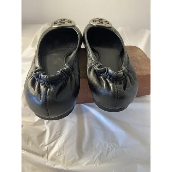 Women's Tory Burch Reva Upper Black Leather Minnie Travel Ballet Flats Size-5