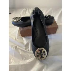 Women's Tory Burch Reva Upper Black Leather Minnie Travel Ballet Flats Size-5