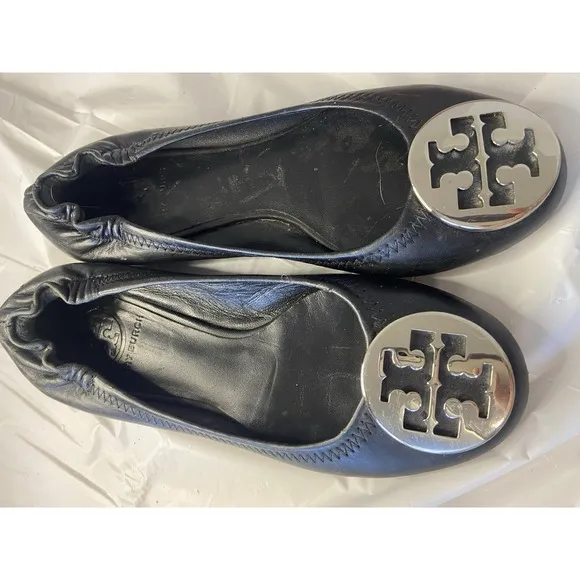 Women's Tory Burch Reva Upper Black Leather Minnie Travel Ballet Flats Size-5