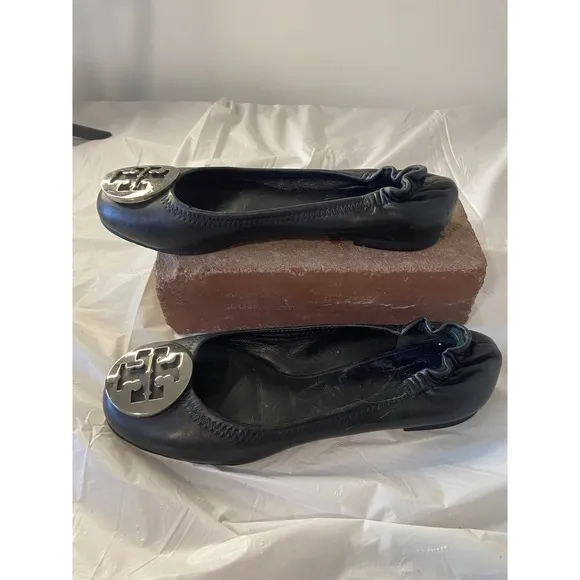 Women's Tory Burch Reva Upper Black Leather Minnie Travel Ballet Flats Size-5