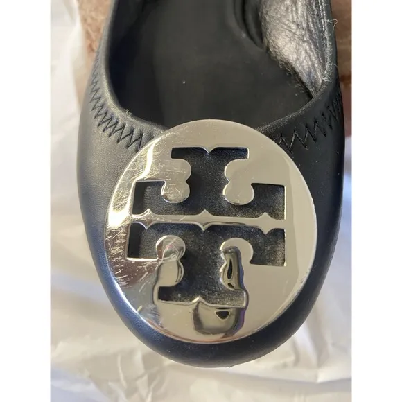Women's Tory Burch Reva Upper Black Leather Minnie Travel Ballet Flats Size-5