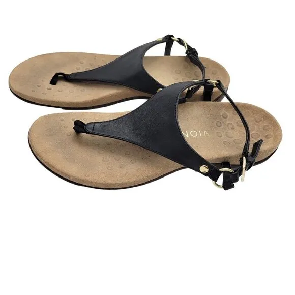 Women's Vionic Kirra Black Leather Upper Thong Buckle Sandals Size 9