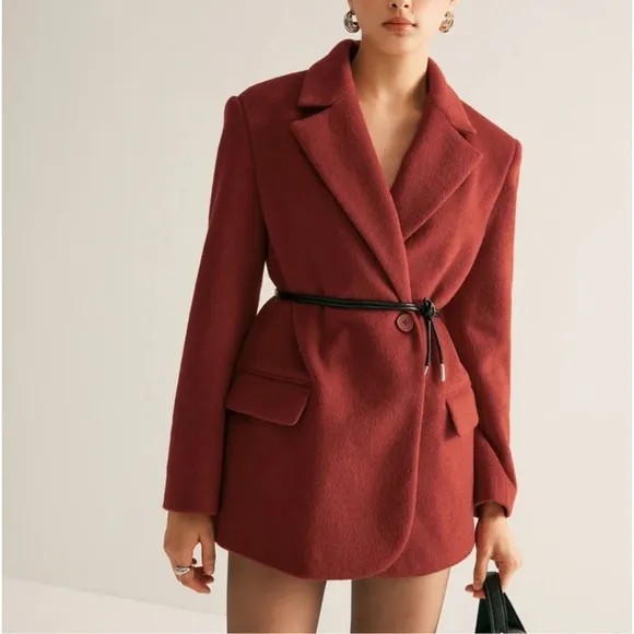 Wool blend premium quality red oversized drawstring tie belt blazer jacket