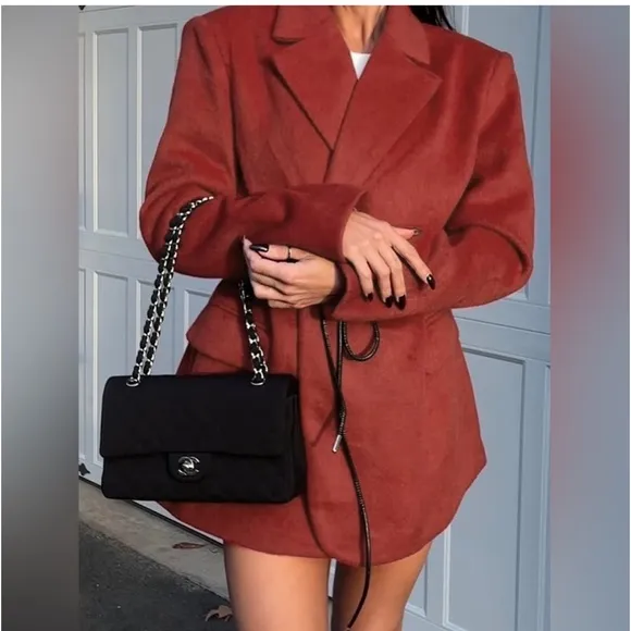 Wool blend premium quality red oversized drawstring tie belt blazer jacket