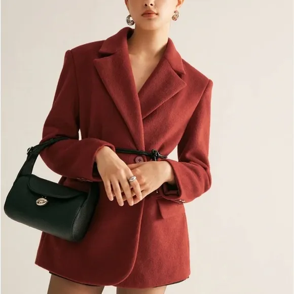 Wool blend premium quality red oversized drawstring tie belt blazer jacket