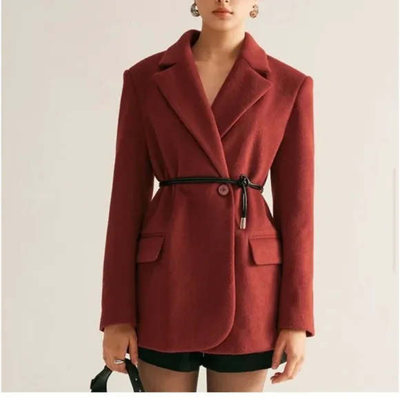 Wool blend premium quality red oversized drawstring tie belt blazer jacket